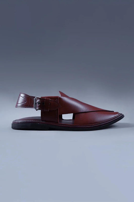 Glossy Cherry Brown Kaptaan Chappal with Signature Overlap Design and Square Toe