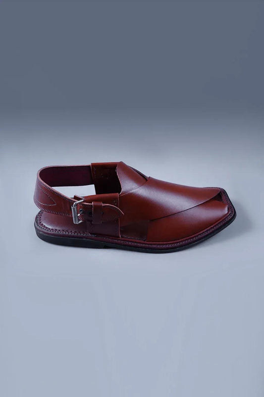 Glossy Cherry Brown Kaptaan Chappal with Signature Overlap Design and Square Toe